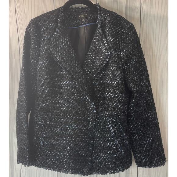 Talbots Metallic Shimmer Tweed Fringed Jacket Blazer Blue Black size 12Petite - Picture 1 of 6